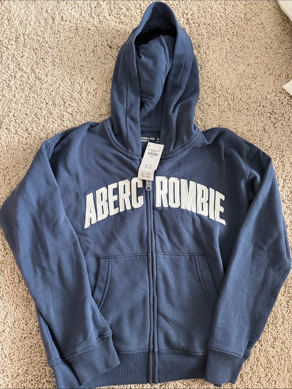 NWT abercrombie kids Navy full Zip-Up Hoodie with White Logo size 9/10